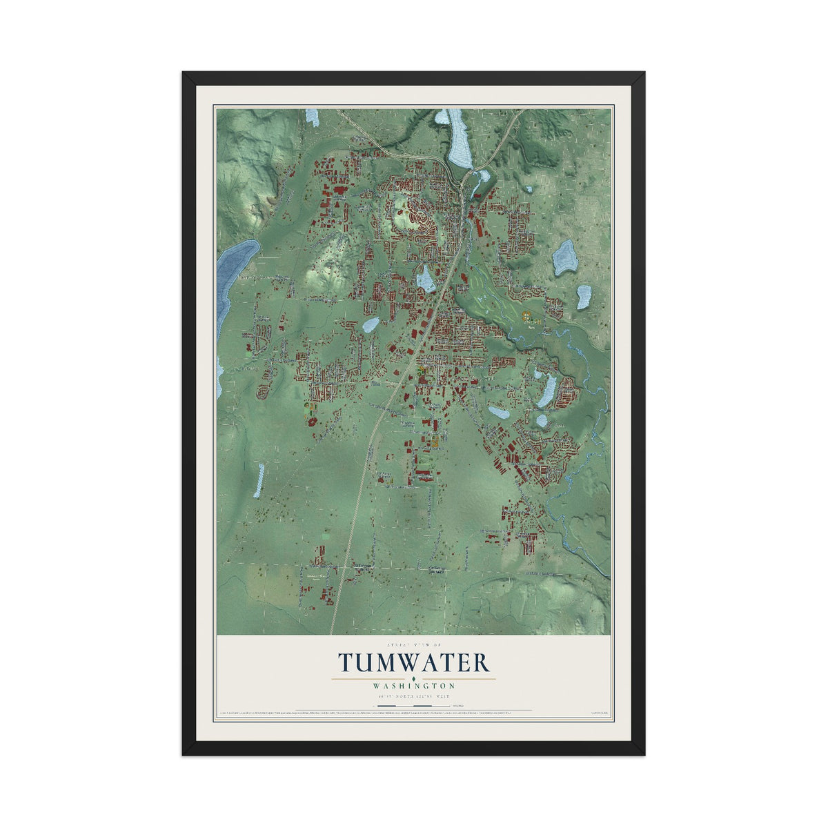 Map of Tumwater, Washington, 12 x 18 inch print in a black wood frame