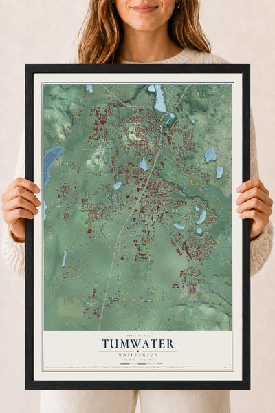 Map of Tumwater, Washington, 18 x 24 inch print in a black wood frame
