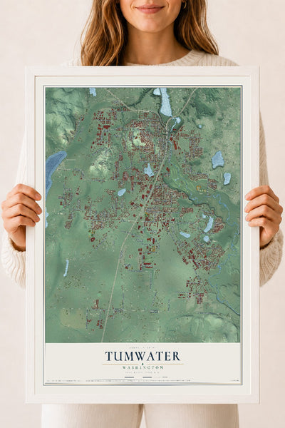 Map of Tumwater, Washington, 18 x 24 inch print in a white wood frame