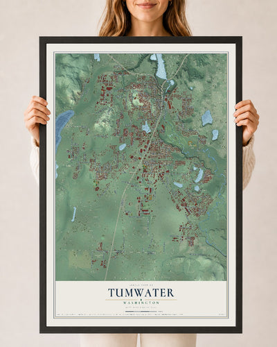Map of Tumwater, Washington, 24 x 36 inch print in a black wood frame