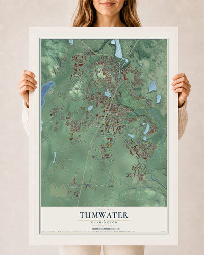 Map of Tumwater, Washington, 24 x 36 inch print in a white wood frame