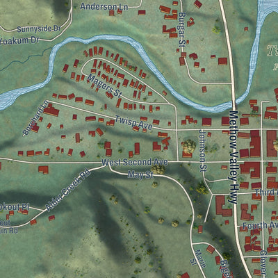 Close-up of the map of Twisp, Washington print showing street and building detail