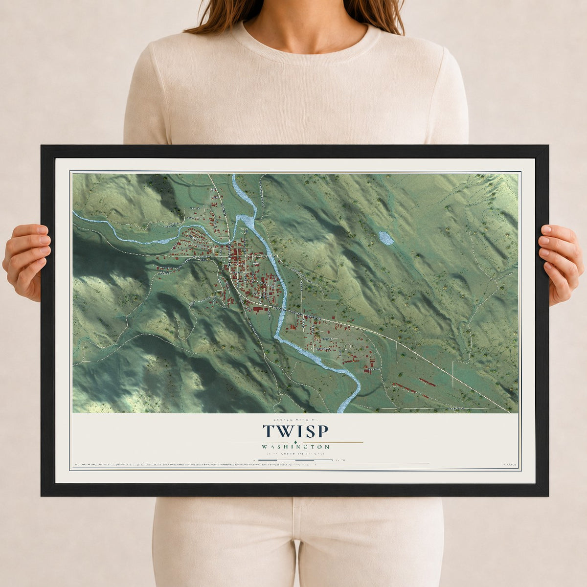 Map of Twisp, Washington, 12 x 18 inch print in a black wood frame