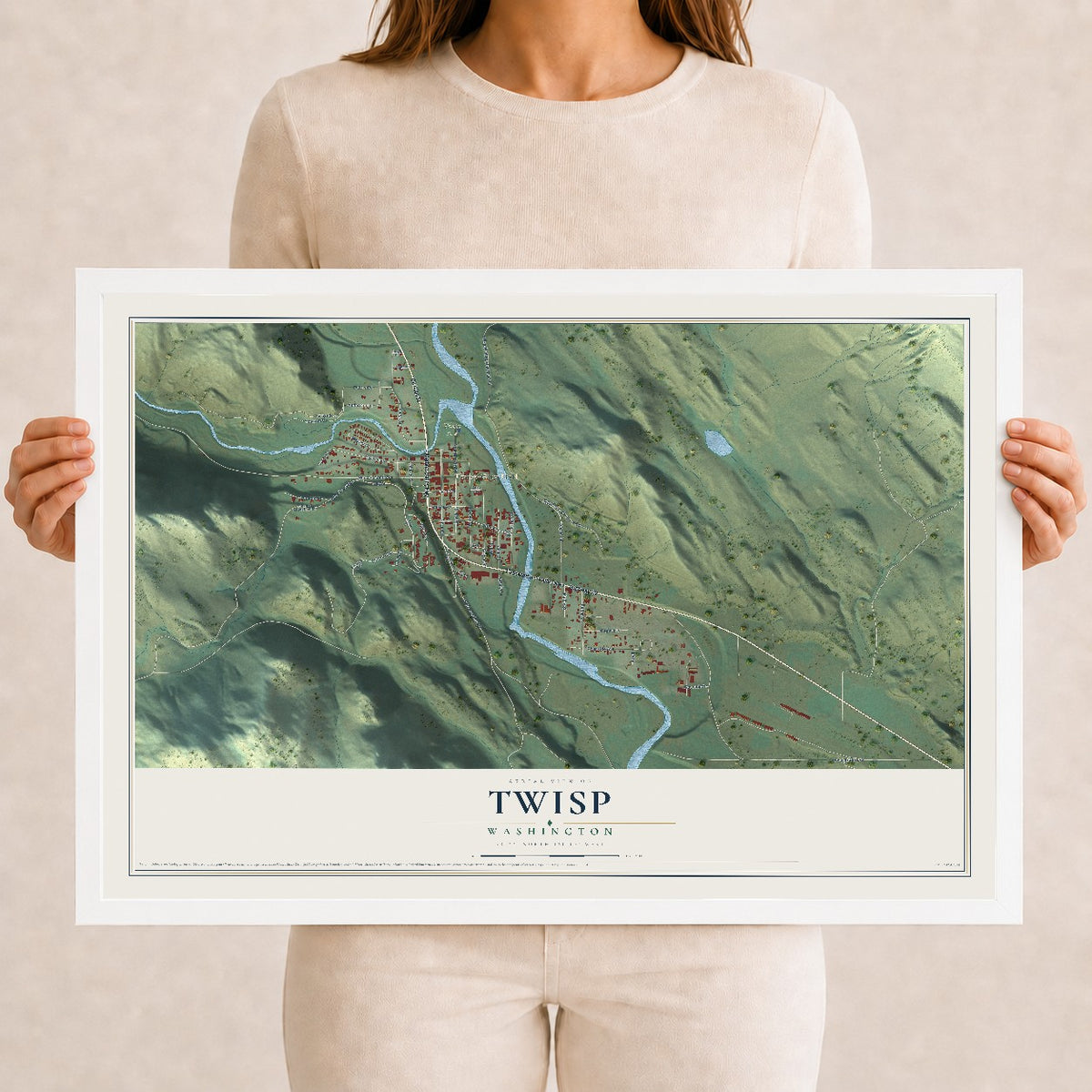 Map of Twisp, Washington, 12 x 18 inch print in a white wood frame