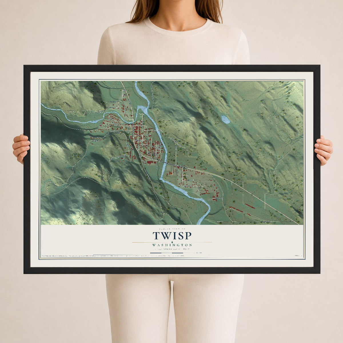 Map of Twisp, Washington, 24 x 36 inch print in a black wood frame