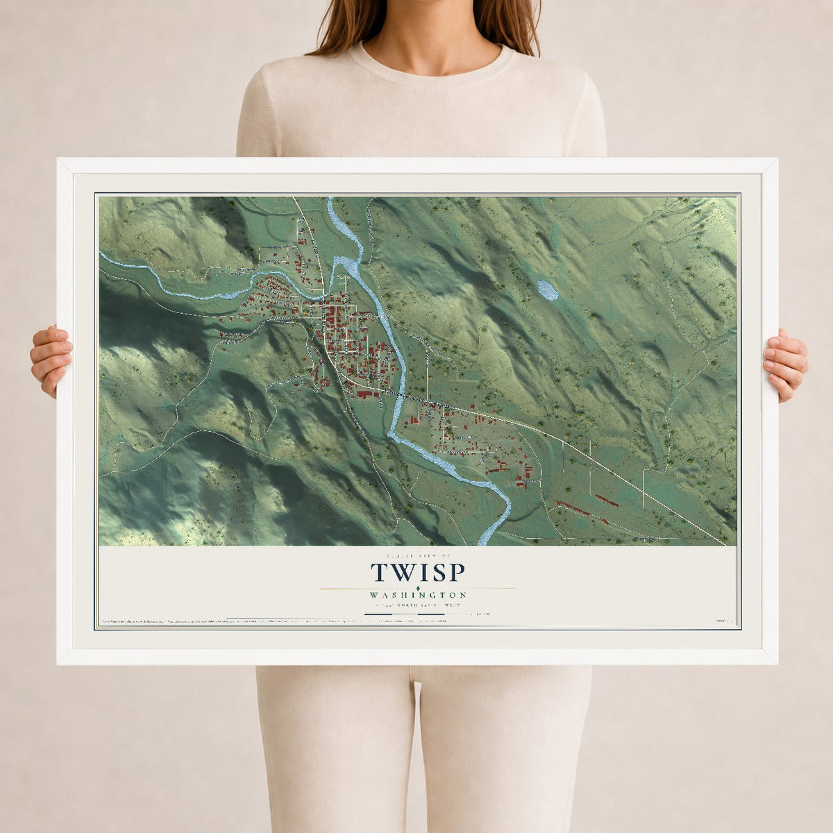 Map of Twisp, Washington, 24 x 36 inch print in a white wood frame