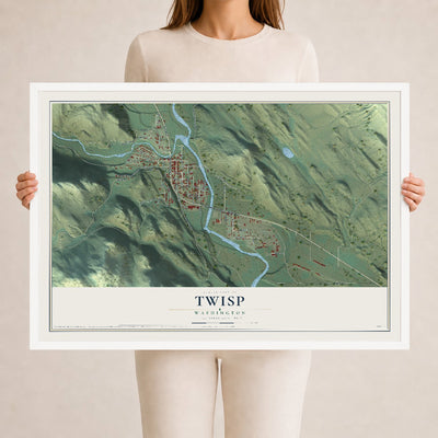 Map of Twisp, Washington, 24 x 36 inch print in a white wood frame
