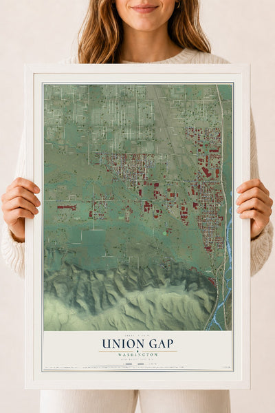 Map of Union Gap, Washington, 18 x 24 inch print in a white wood frame