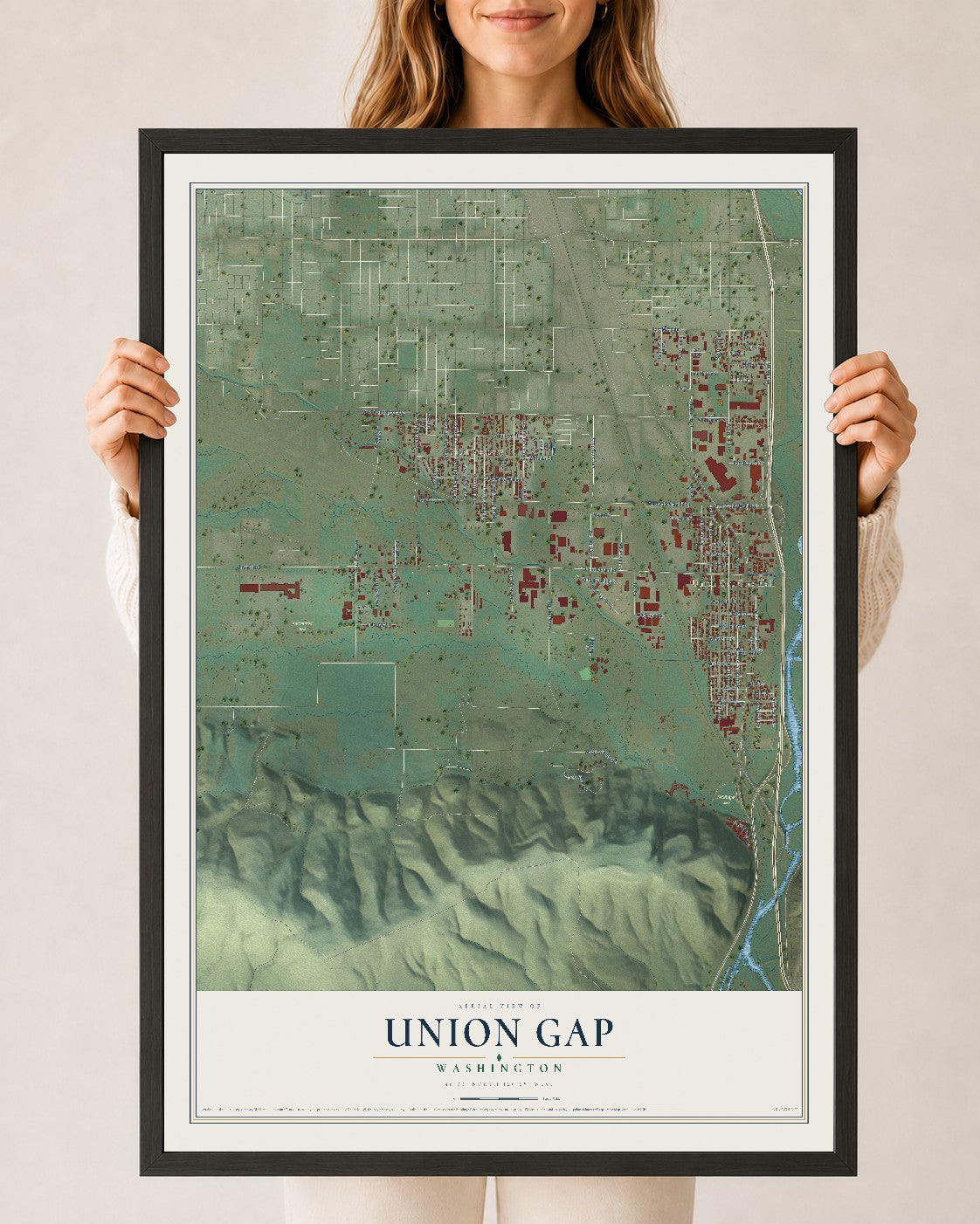 Map of Union Gap, Washington, 24 x 36 inch print in a black wood frame