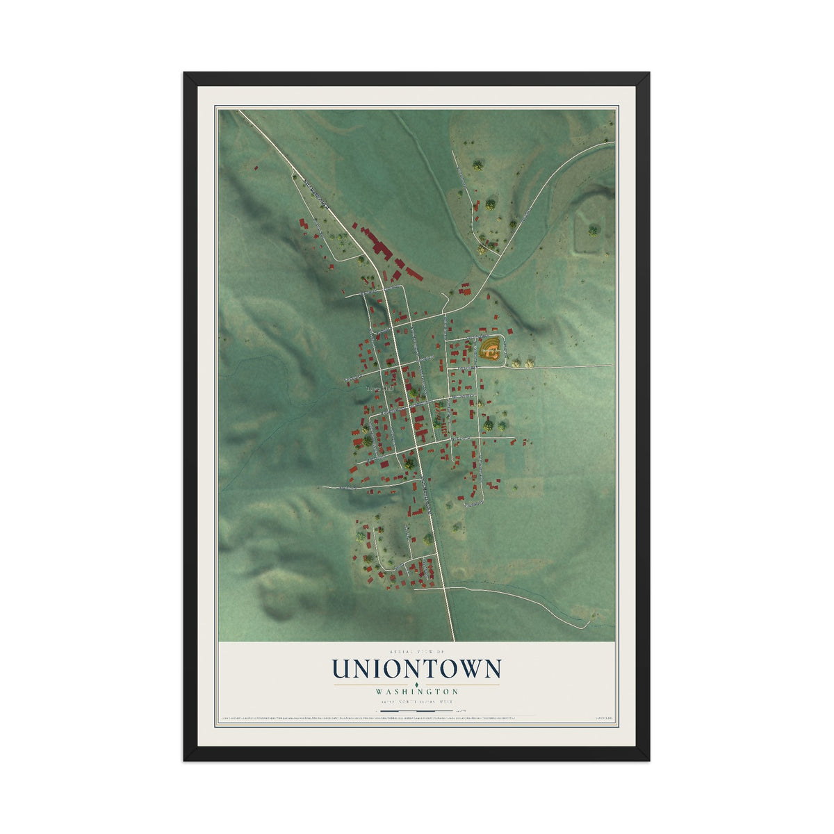Map of Uniontown, Washington, 12 x 18 inch print in a black wood frame
