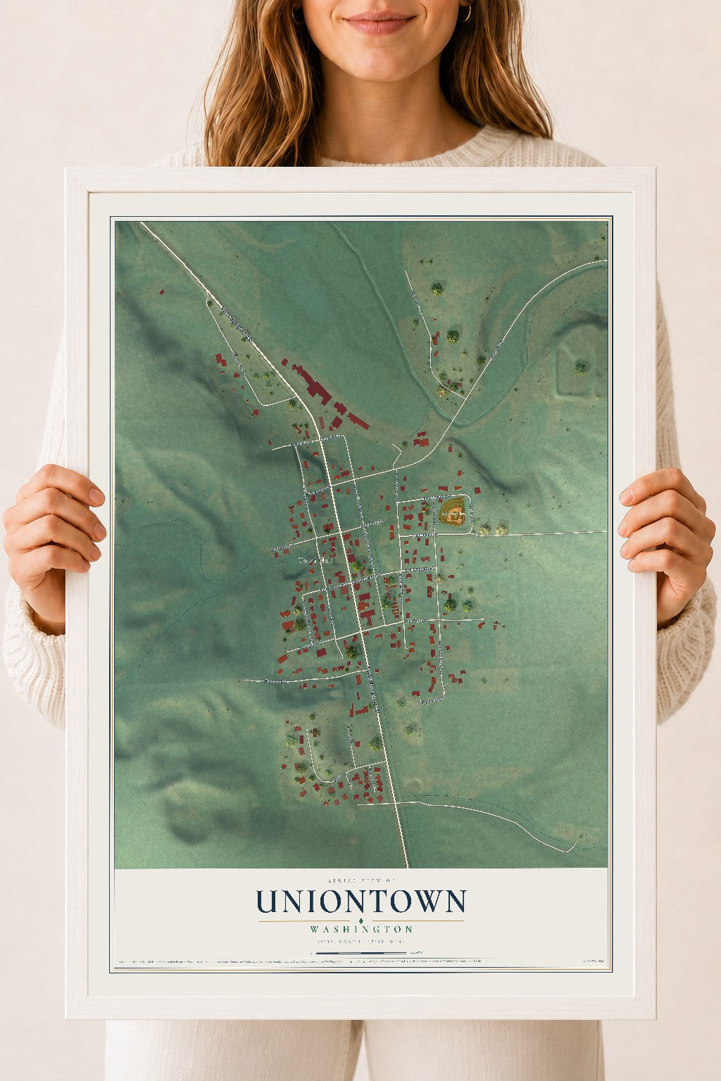Map of Uniontown, Washington, 18 x 24 inch print in a white wood frame