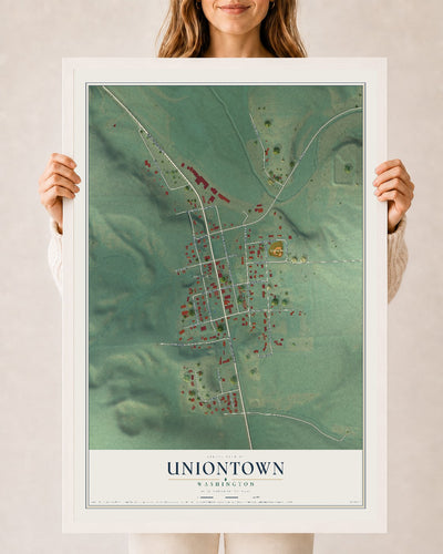 Map of Uniontown, Washington, 24 x 36 inch print in a white wood frame