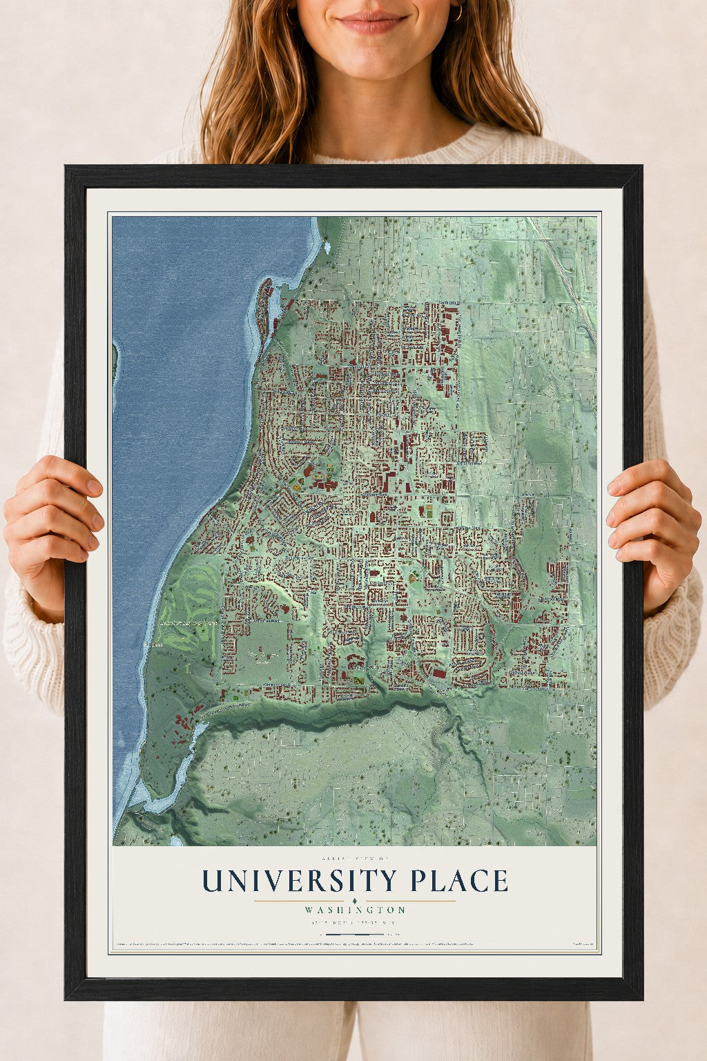 Map of University Place, Washington, 18 x 24 inch print in a black wood frame