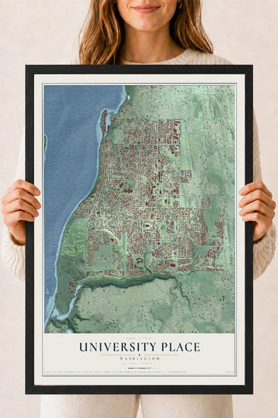 Map of University Place, Washington, 18 x 24 inch print in a black wood frame