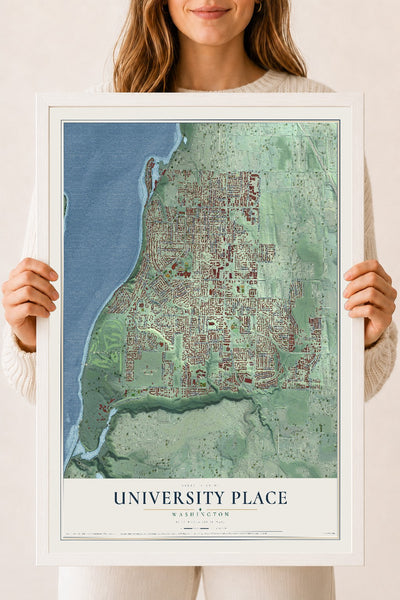 Map of University Place, Washington, 18 x 24 inch print in a white wood frame