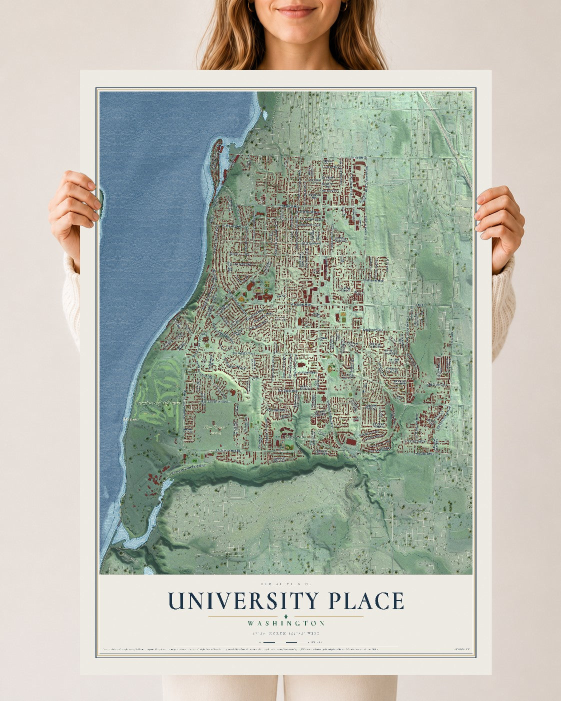 Map of University Place, Washington, 24 x 36 inch unframed archival matte print