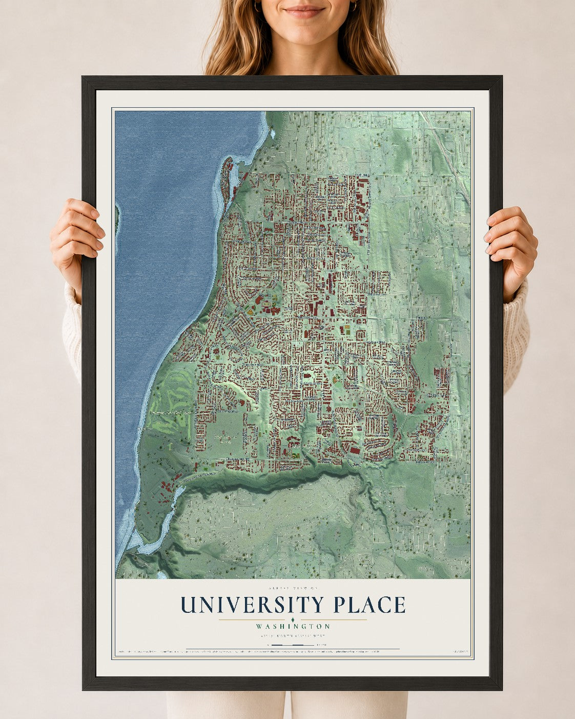 Map of University Place, Washington, 24 x 36 inch print in a black wood frame