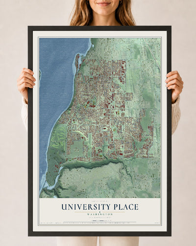 Map of University Place, Washington, 24 x 36 inch print in a black wood frame