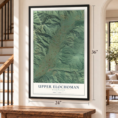 Upper Elochoman, Washington map, 24 x 36 inch print in a black frame by a staircase