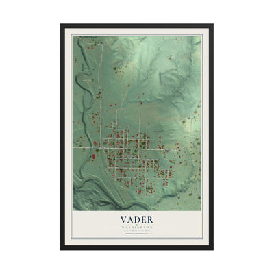 Map of Vader, Washington, 12 x 18 inch print in a black wood frame