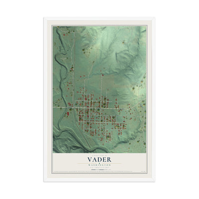 Map of Vader, Washington, 12 x 18 inch print in a white wood frame