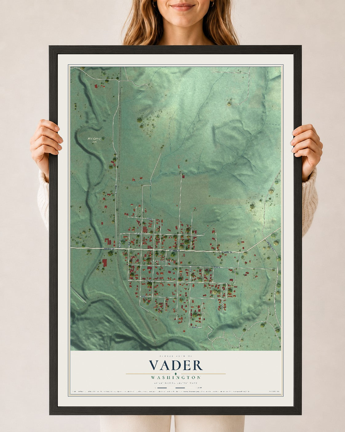 Map of Vader, Washington, 24 x 36 inch print in a black wood frame