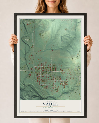 Map of Vader, Washington, 24 x 36 inch print in a black wood frame