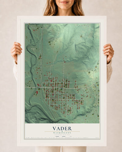 Map of Vader, Washington, 24 x 36 inch print in a white wood frame