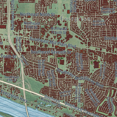 Close-up of the map of Vancouver, Washington print showing street and building detail