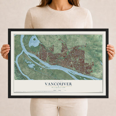 Map of Vancouver, Washington, 12 x 18 inch print in a black wood frame