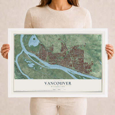 Map of Vancouver, Washington, 12 x 18 inch print in a white wood frame