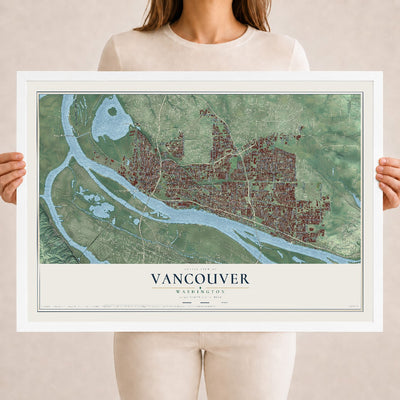 Map of Vancouver, Washington, 18 x 24 inch print in a white wood frame