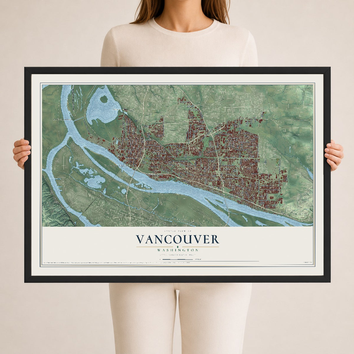 Map of Vancouver, Washington, 24 x 36 inch print in a black wood frame