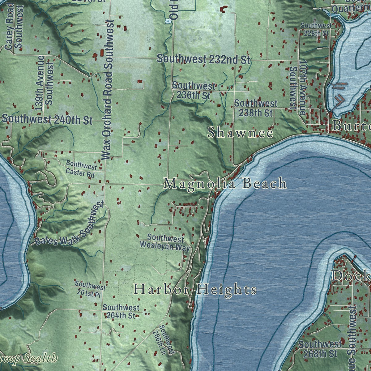 Second close-up of the map of Vashon, Washington print showing more streets and buildings