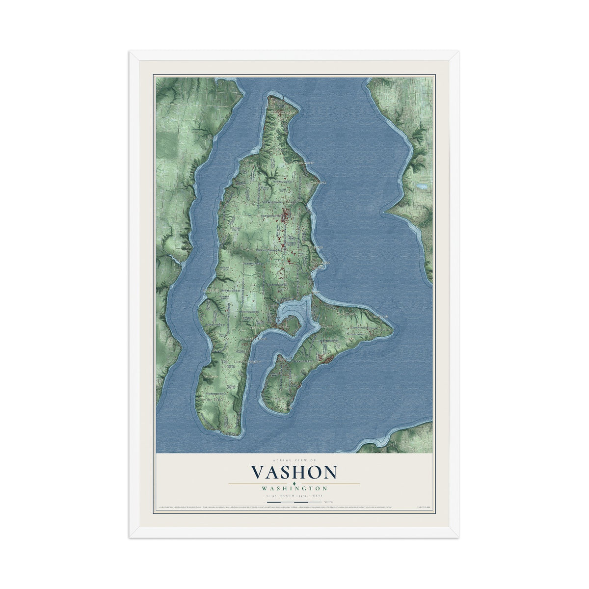 Map of Vashon, Washington, 12 x 18 inch print in a white wood frame
