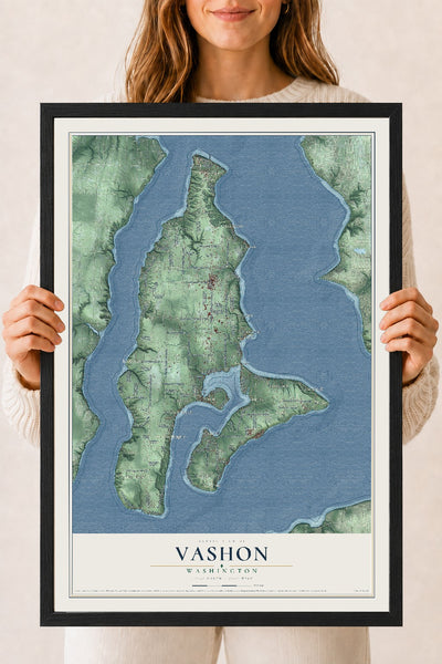 Map of Vashon, Washington, 18 x 24 inch print in a black wood frame