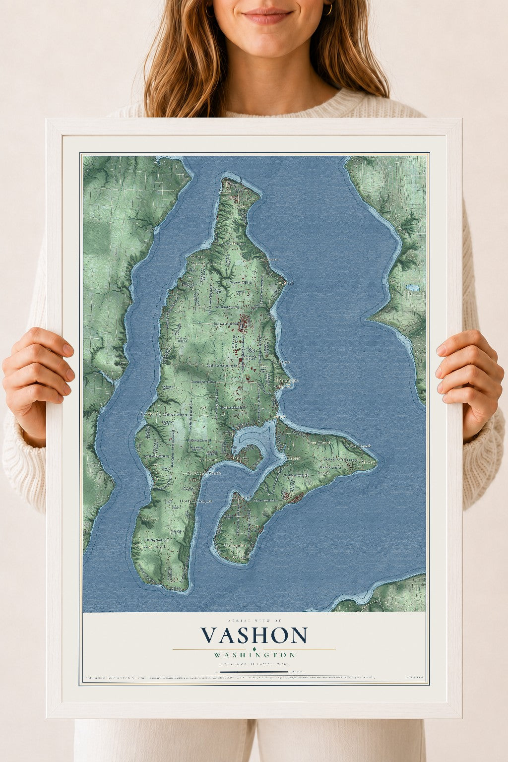 Map of Vashon, Washington, 18 x 24 inch print in a white wood frame
