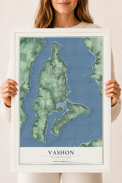 Map of Vashon, Washington, 18 x 24 inch print in a white wood frame