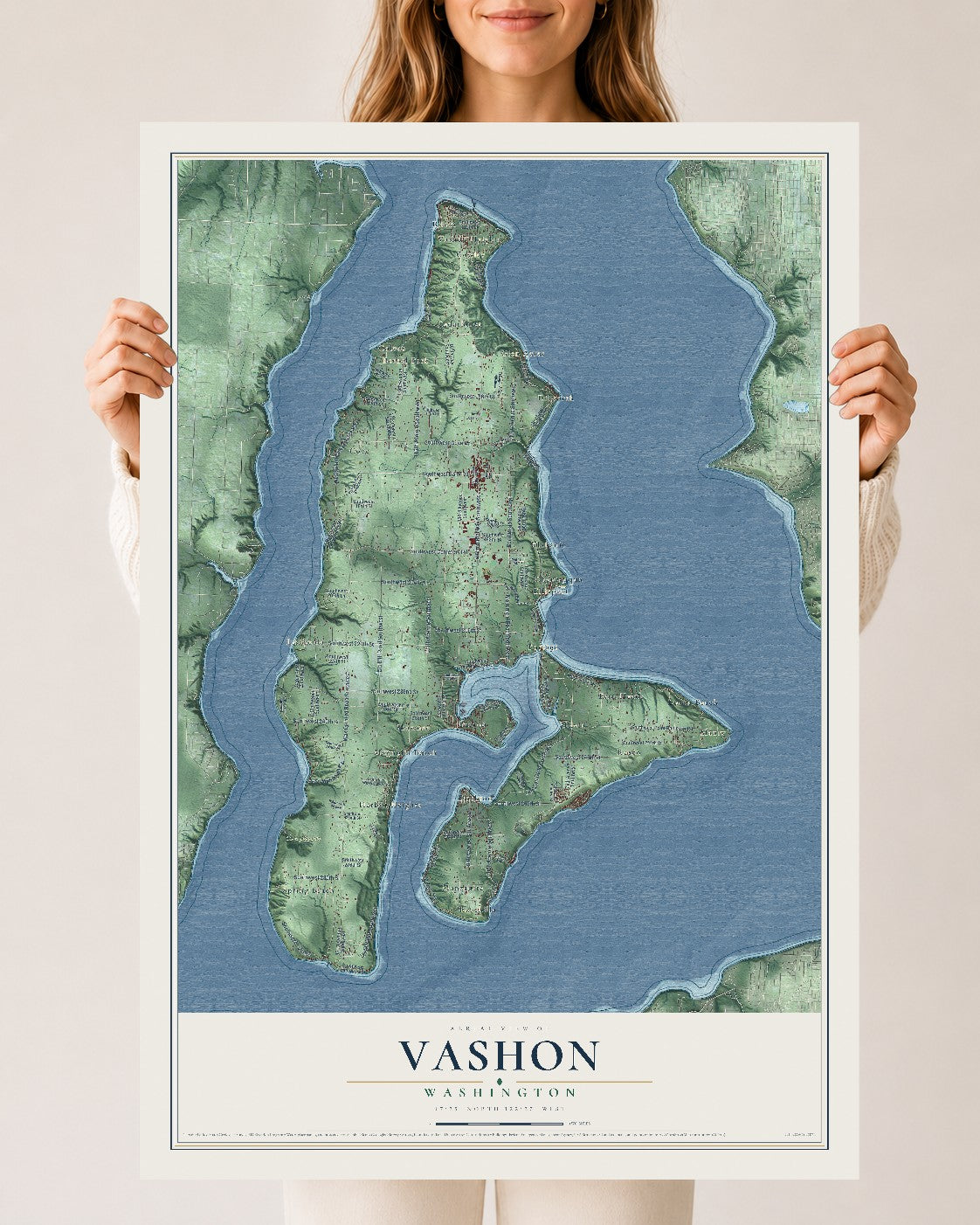 Map of Vashon, Washington, 24 x 36 inch unframed archival matte print