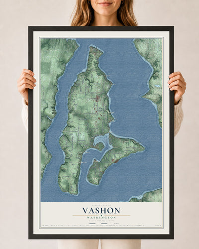 Map of Vashon, Washington, 24 x 36 inch print in a black wood frame