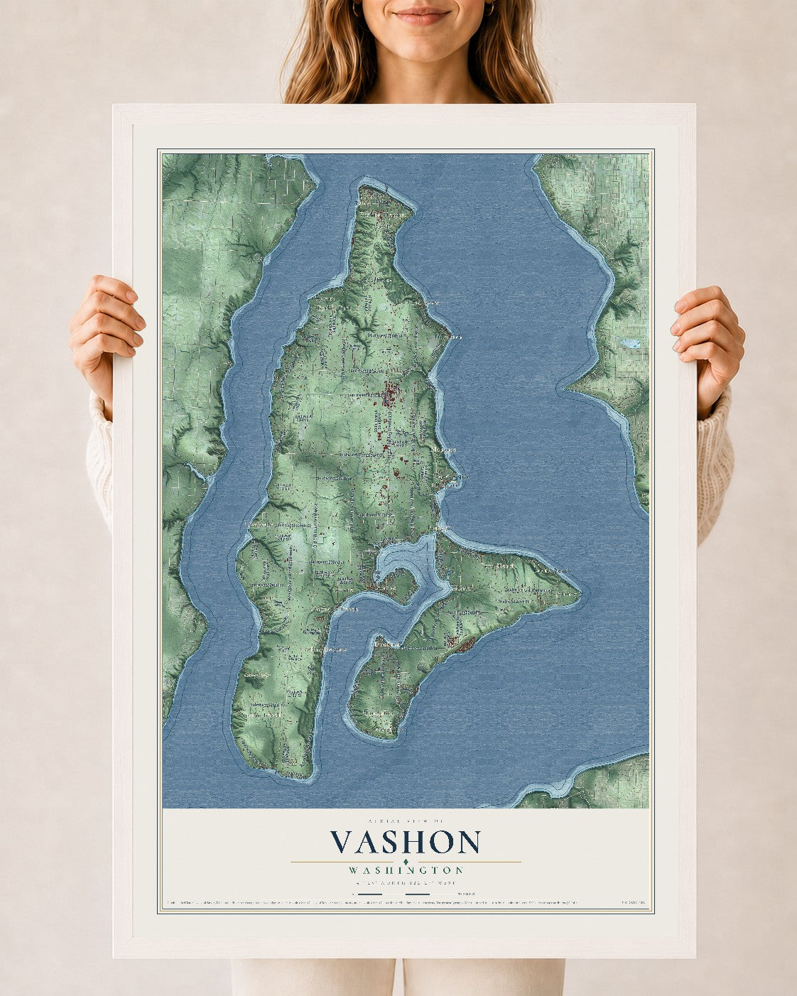 Map of Vashon, Washington, 24 x 36 inch print in a white wood frame