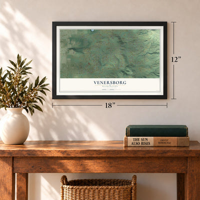 Venersborg, Washington map, 12 x 18 inch print in a black frame in an entryway