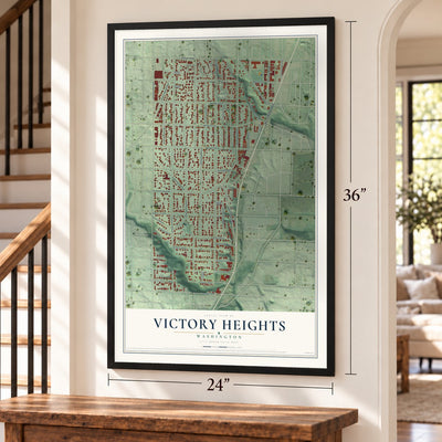 Victory Heights, Washington map, 24 x 36 inch print in a black frame by a staircase