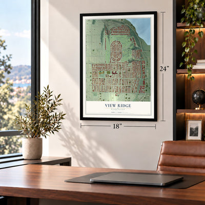 View Ridge, Washington map, 18 x 24 inch print in a black frame in a home office