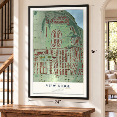 View Ridge, Washington map, 24 x 36 inch print in a black frame by a staircase