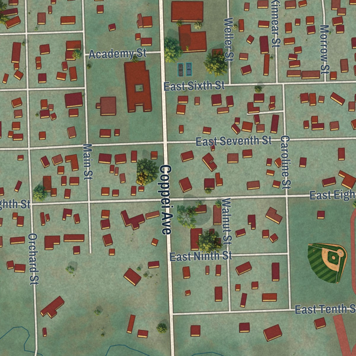Close-up of the map of Waitsburg, Washington print showing street and building detail