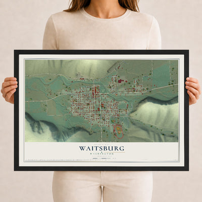 Map of Waitsburg, Washington, 12 x 18 inch print in a black wood frame
