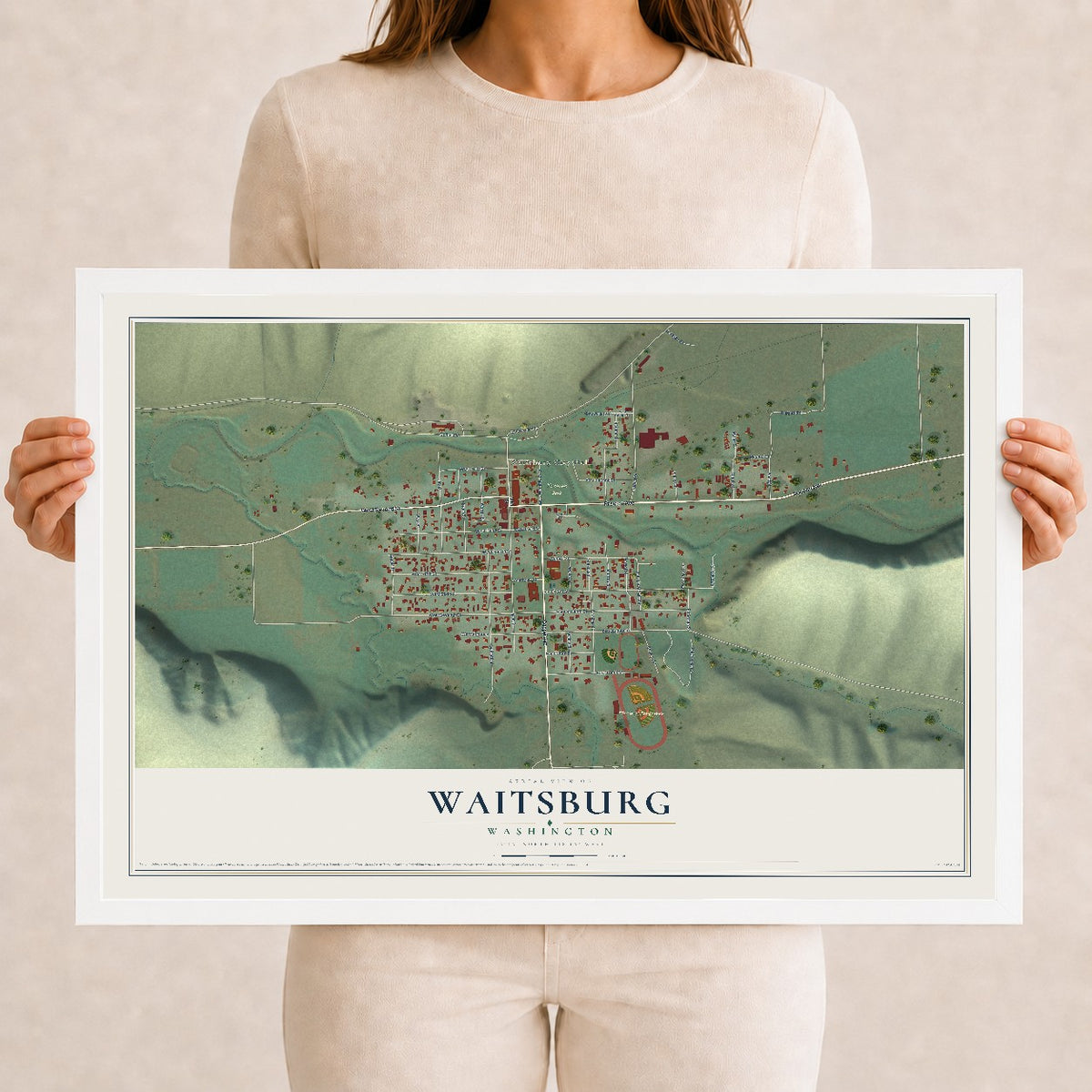 Map of Waitsburg, Washington, 12 x 18 inch print in a white wood frame
