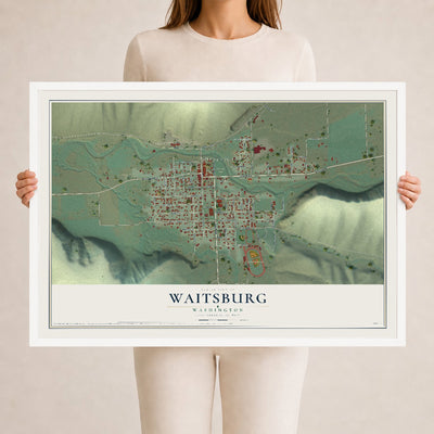 Map of Waitsburg, Washington, 24 x 36 inch print in a white wood frame