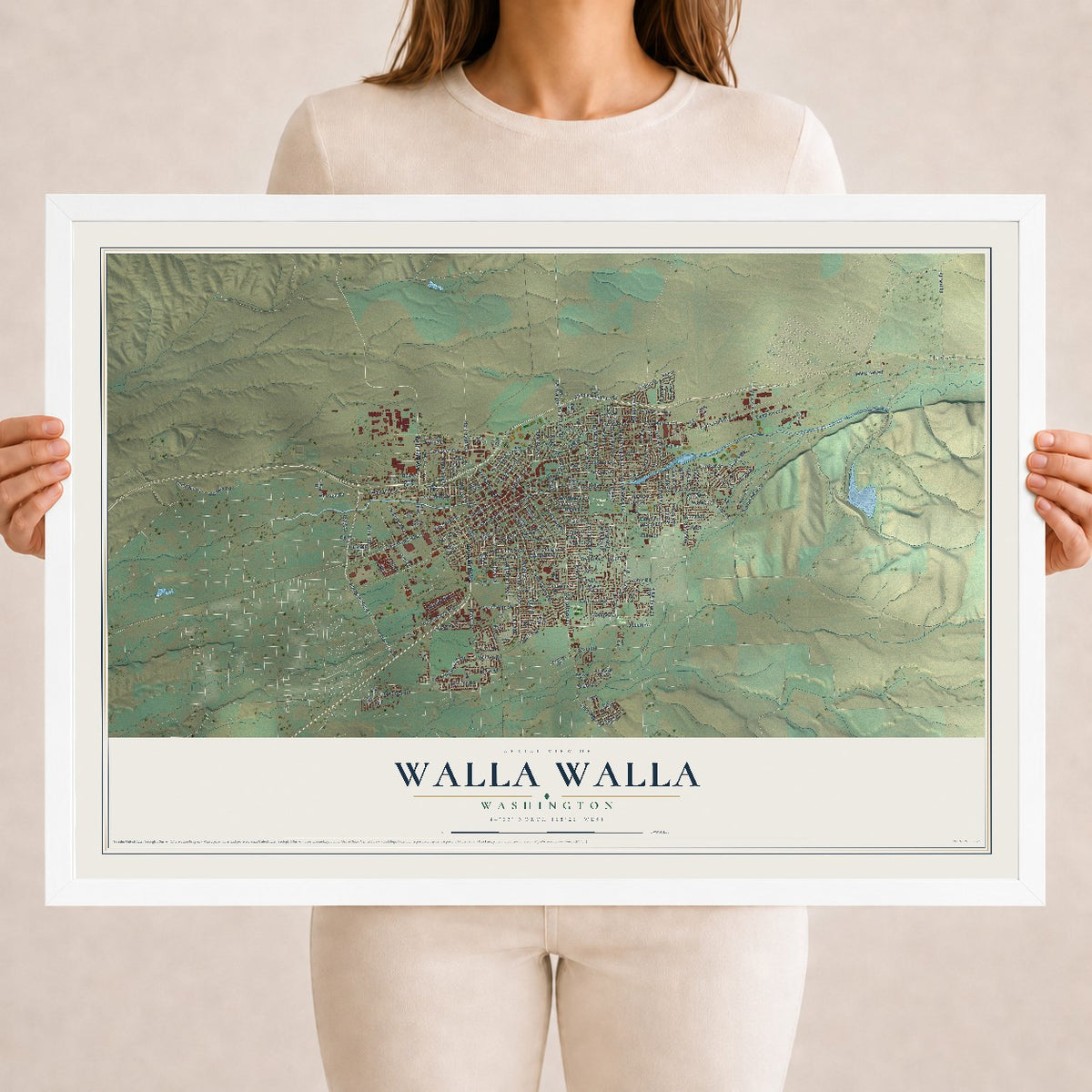 Map of Walla Walla, Washington, 18 x 24 inch print in a white wood frame